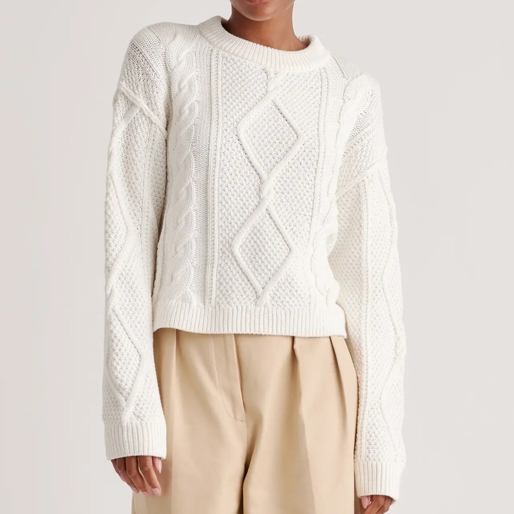 Quince 100% Organic Cotton Cropped Cable Knit Crew Sweater Small White